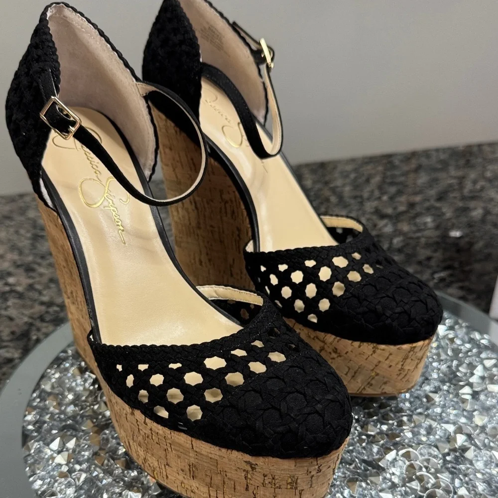 Jessica Simpson Black Crochet Wedges with Cork Platform NEW 9